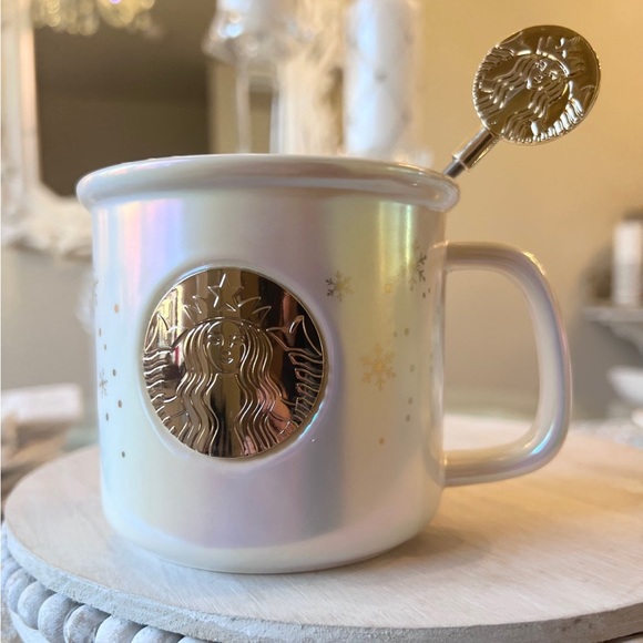 STARBUCKS White Iridescent Shimmer Ceramic Coffee Mug Gold Stirrer